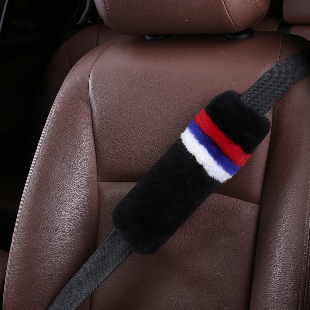Customized New Design Russia Flag Natural Comfort Auto Authentic Sheepskin Car Seat Belt Pads, Wool Soft Texture Shoulder Cover