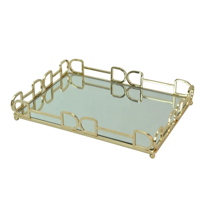 Elegant gold luxury rectangle vanity decorative mirror trays serving trays