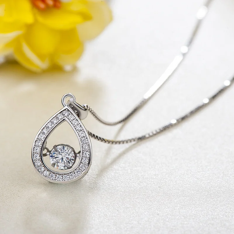 DW34 925 Sterling Silver beating heart Necklaces Water Tear Drop Dancing 4A Zircon Smart pendant for women