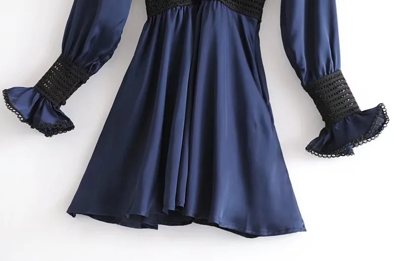 OEM ODM Clothing Woman Sexy See Through Navy Long Sleeve Deep V Neck BOHO Beach Dress