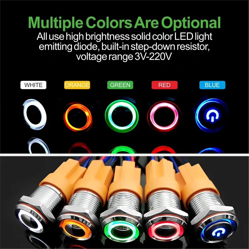 LANBOO 12mm Aluminum Oxide Black with Red/Green/Blue Bright LED Illumination pushbutton Self-Lock or Reset 1NO