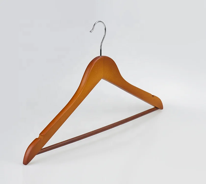 
China Hanger Factory Wholesale Clothes, Hotel and Shop Cherry Color Wood Hanger with Round Bar and Non Slip Design 