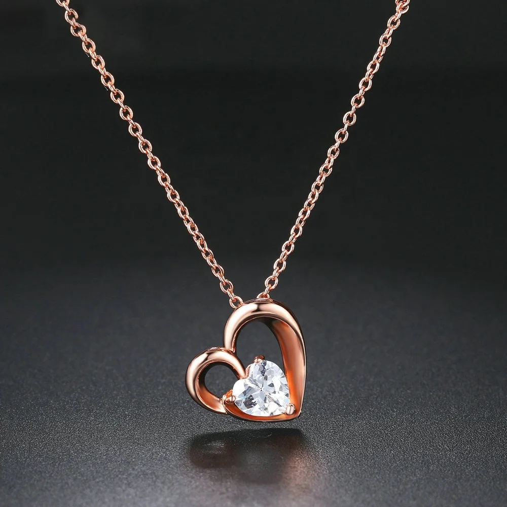 Woman fashion environmental copper jewellery beautiful rose gold color cz diamond necklace with heart shape pendant N056