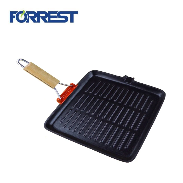 Hot Sale Cast Iron Steak Frying Pan Square Gril Dishl Pan With Removable Wooden  Handle