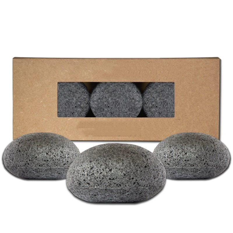 Натуральная бамбуковая Коньячная губка с древесным углем для чувствительной, жирной и подверженной акне кожи для мягкой и глубокой очистки и отшелушивания