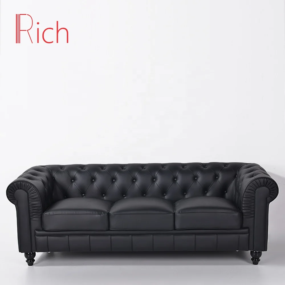 Набор семейных диванов, современная мебель для гостиной, черная стеганная мебель на пуговицах, кожаный диван для Chesterfield