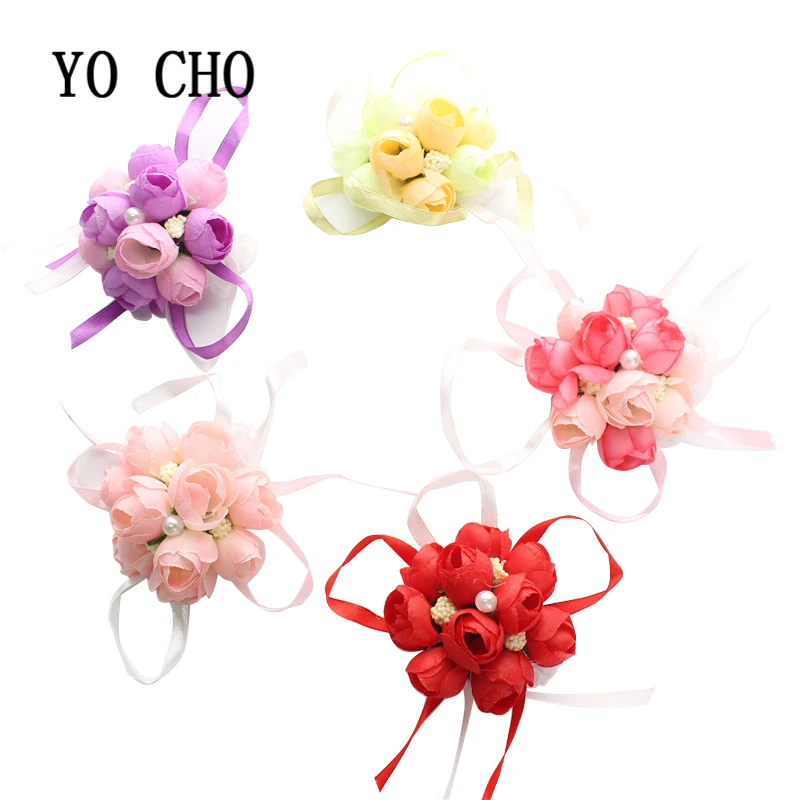 
YO CHO wholesale Christmas decor hand accessories for girls rose lovely bridal bridesmaid party corsage flowers with beige bud 