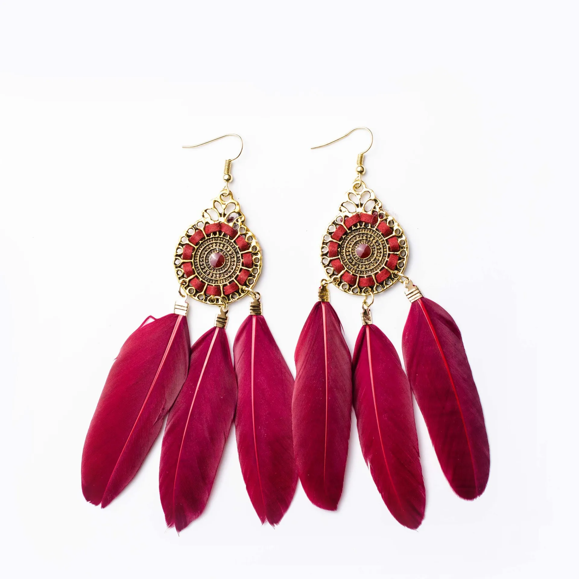 
Cross Border Euro American Retro Tassel Earrings With Bohemian Ethnic Wind Feather Long Earrings 