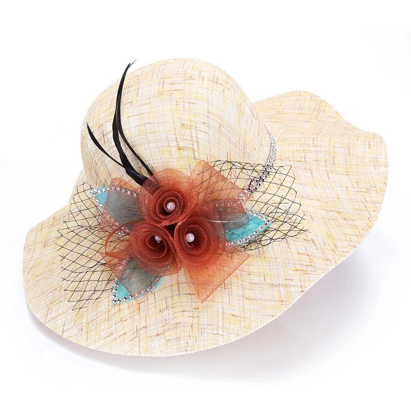 Китайский производитель новый стиль летний солнцезащитный козырек sinamay элегантная женская церковная шляпа с широкими полями и цветком