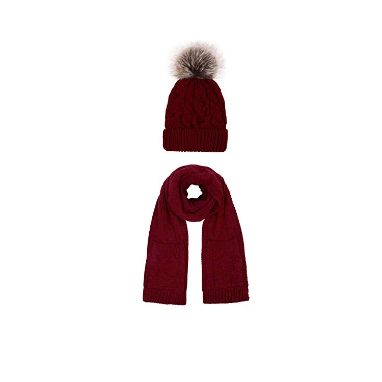 Warm Winter Knit Pom Pom Beanie Hat and Scarf Set, 2-Pieces Winter Knitted Set for Men and Women