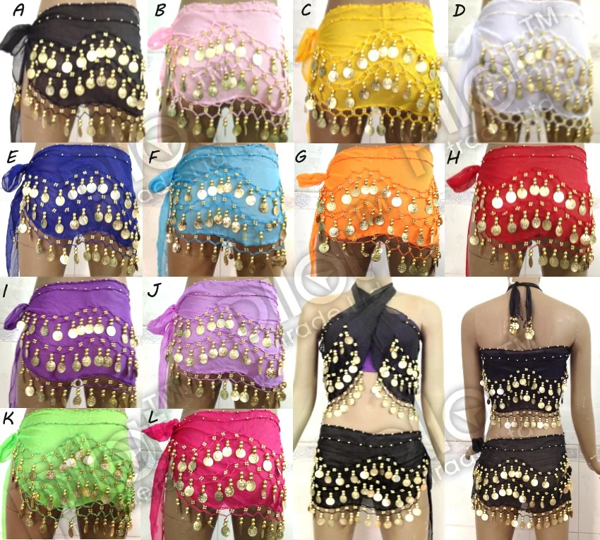 3 ROWS GOLD COINS BELTS BELLY DANCE HIP SCARF WRAP DANCER SKIRT COSTUME