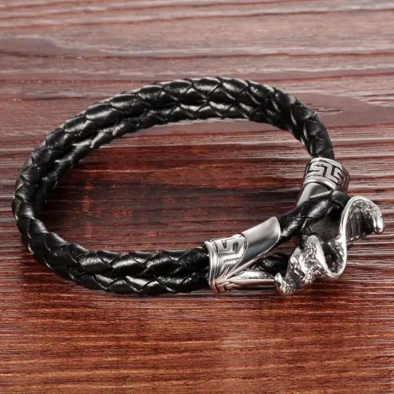 Wholesale Punk Style Men Double Braided Black Leather Snake Head Bracelet