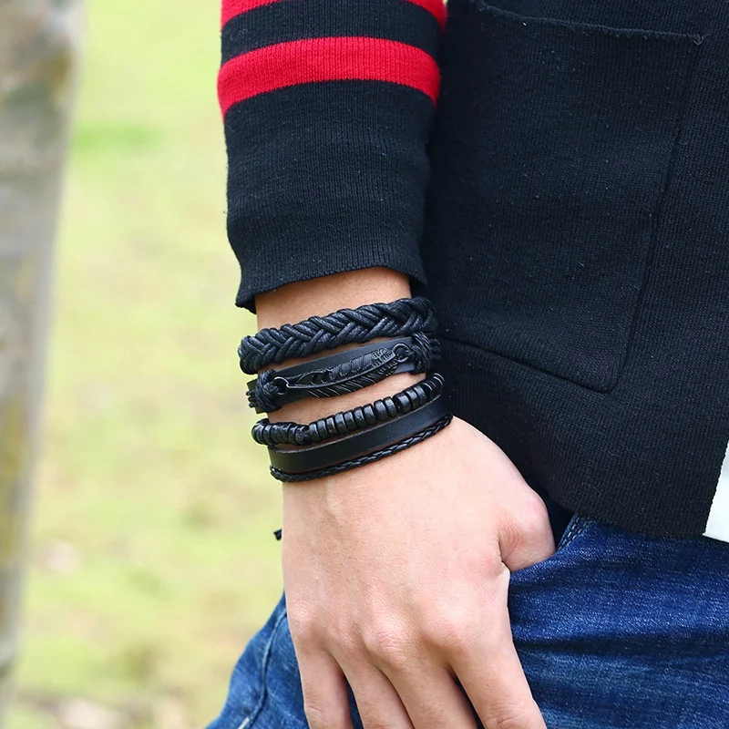 adjustable cheap set artificial wax string braided wood bead leather bracelet feather for men