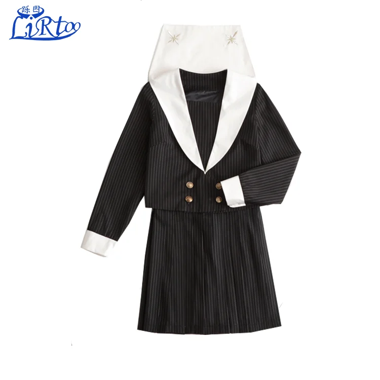 Japanese Classical Sexy Cute Girl Stripes Long-sleeved Sailor Uniforms White Collar Embroidery