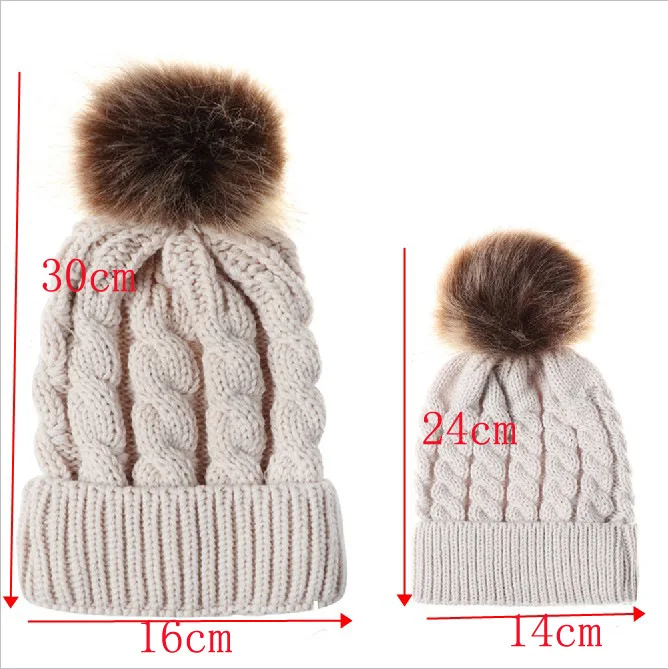 Mom Baby Kid Winter Warm Fox Fur Ball Beanie Hat Mommy boys Mother Daughter Cotton Knitted Parent Child Hat