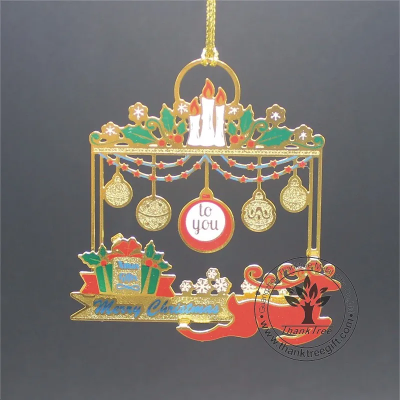 2017 new hot handmade custom logo etched 3d brass Christmas ornament with PVC box