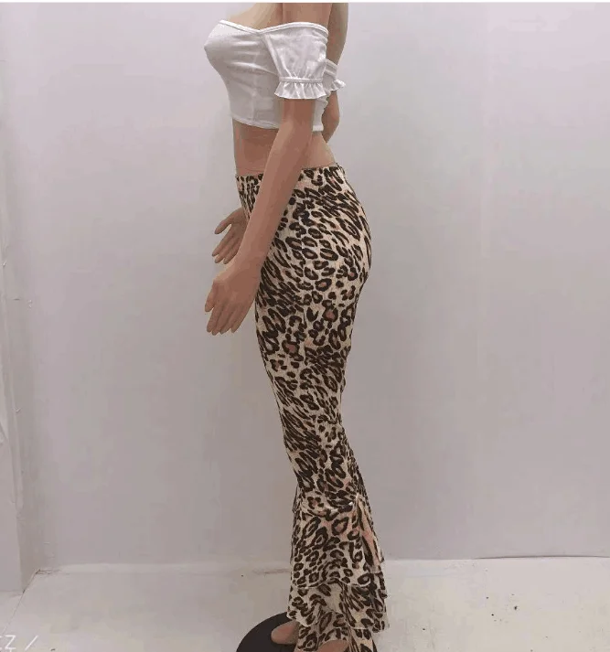 Spot  factory wish fast sell European and American Fashion Sexy Leopard Print lotus leaf flare pant