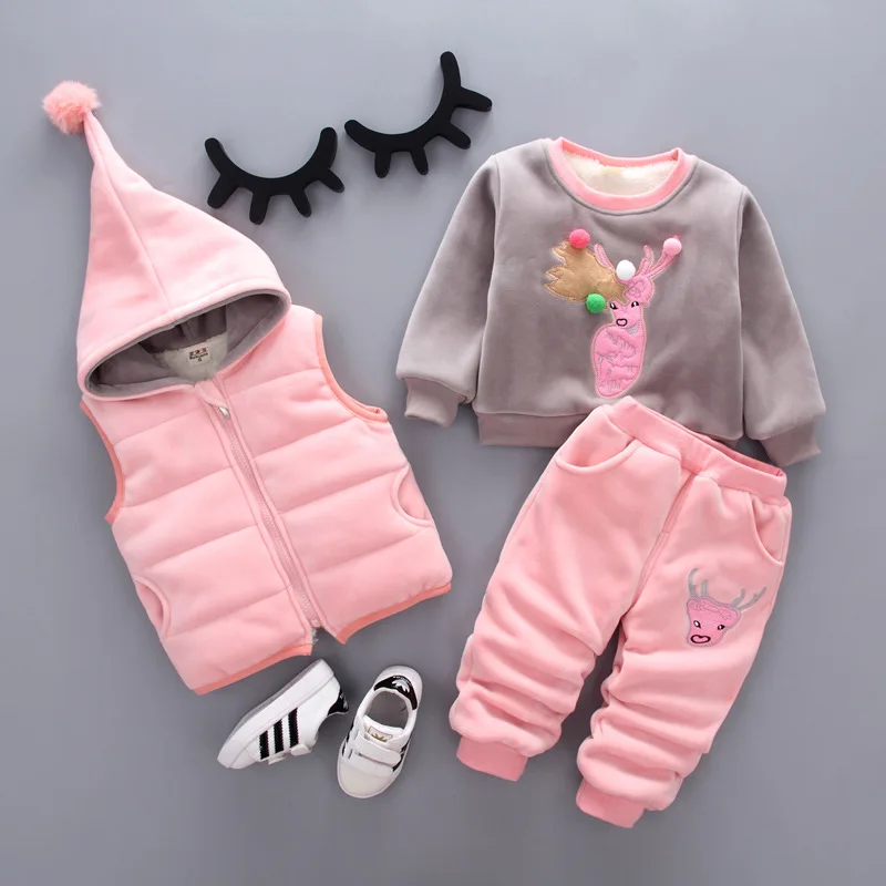 Winter warm fleeced 3 pcs sika deer kids set 2 years new born clothes baby girl