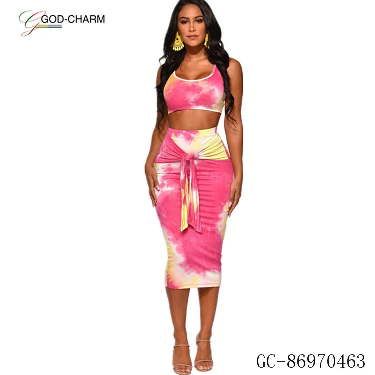 *GC-86970463 2022 new Wholesale Sexy Pink Print Bandhnu Sleeveless  2 Pieces Plus Size Casual Ladies Clothing Women Dress Suit