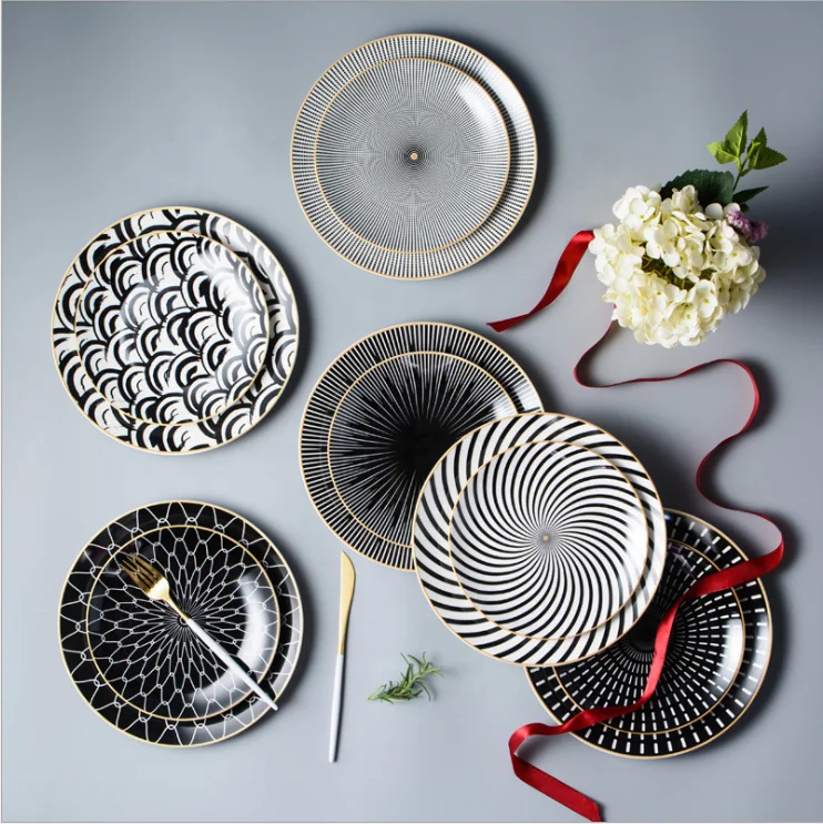 New design wholesale luxury sunflower pattern plain black dinner set ceramic dishes