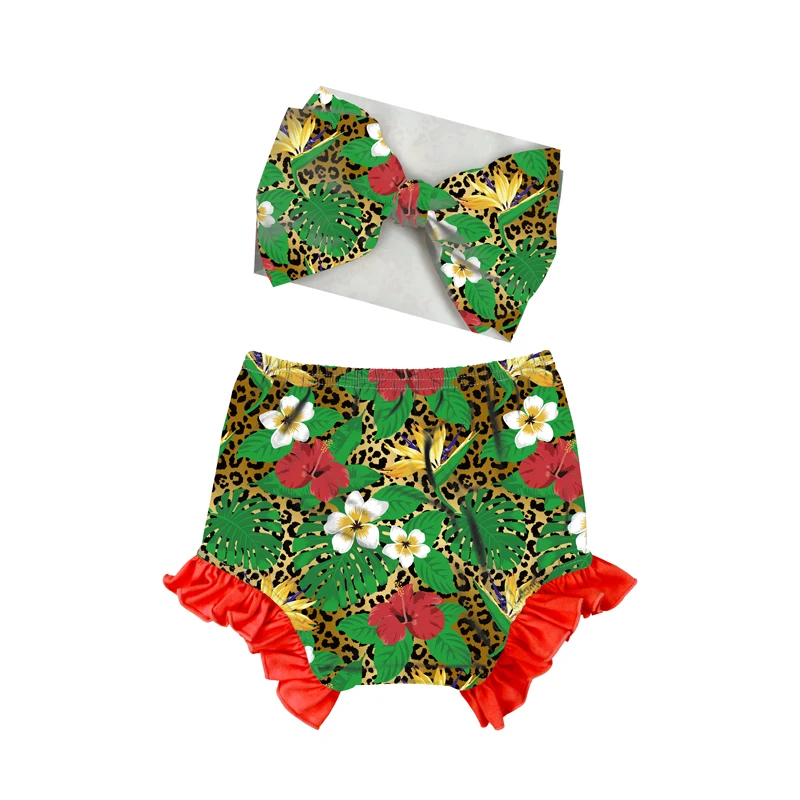 
Green red floral Leopard Print newborn infant bow and bloomer set ruffled baby bloomer 