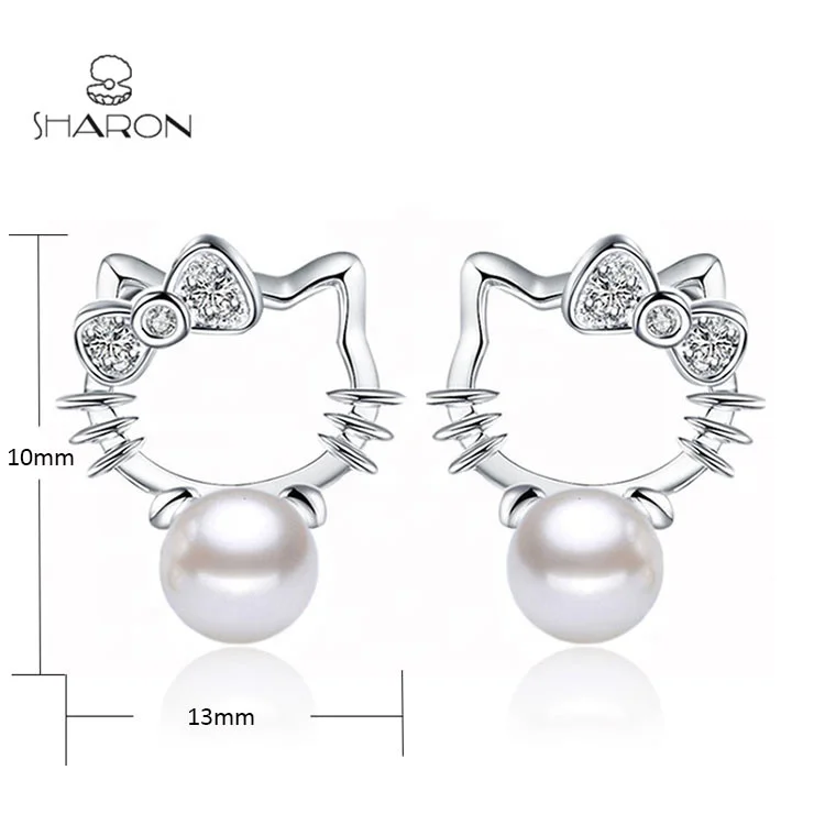 Hot Sale Women Jewelry Hello Kitty 925 Sterling Silver New Design of Pearl Earrings Stud