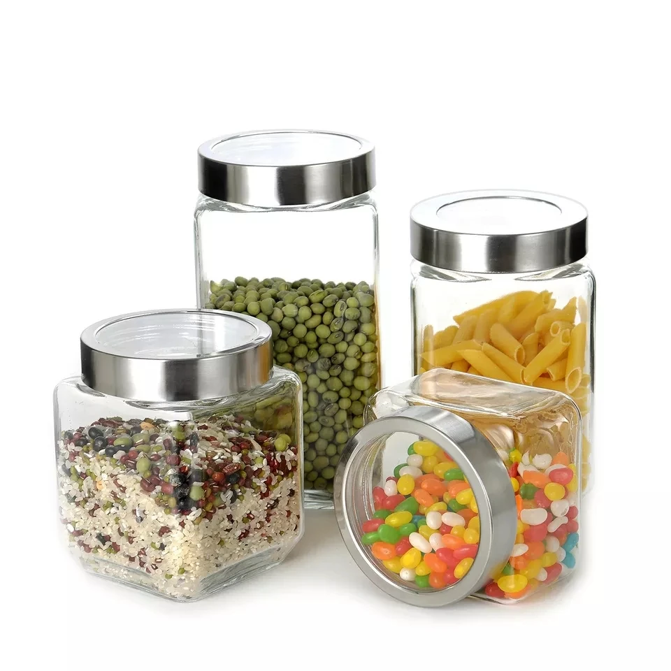 Wholesale hexagon glass jar for honey, honey bear jar with metal lid