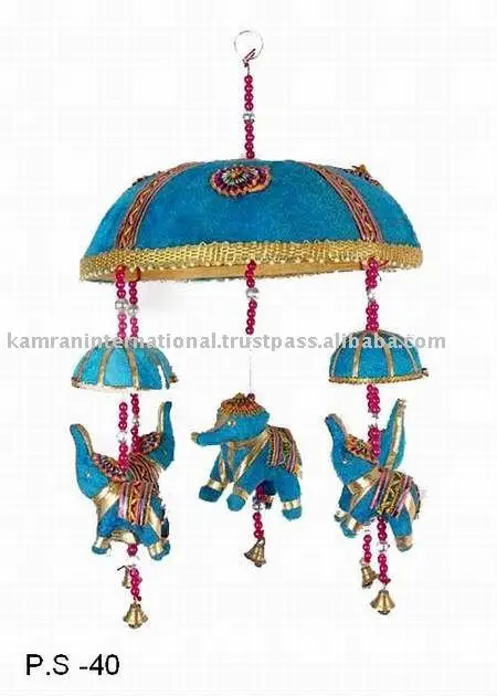 Indian fabric Elephant bell wall hangings in blue color, Traditional Rajasthani bell wall hanging