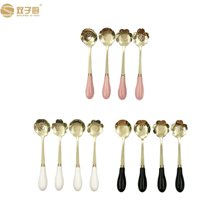 Ceramic Handle Stainless Steel Flower Shape Dessert Tea Small Spoon