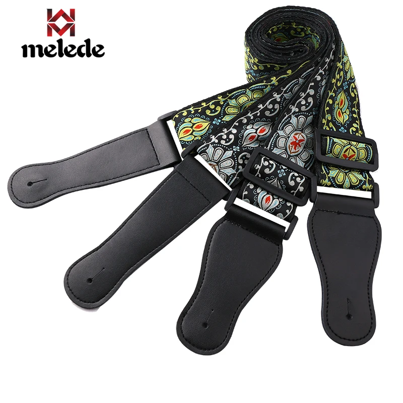 New products vintage jacquard woven 2 inch wide lotus acoustic guitar strap with real leather ends,green&black available