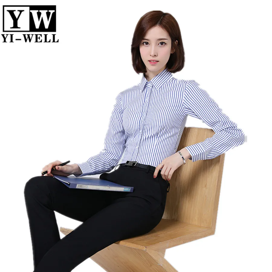 Regular fit women blue white stripe dress shirt