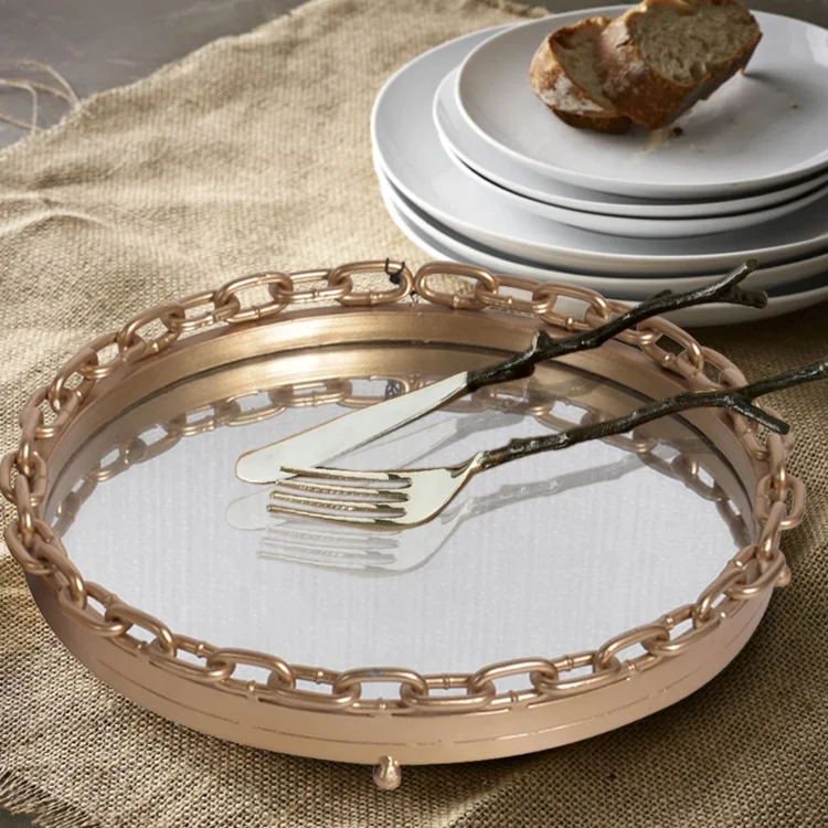 Mayco Large Silver Decorative Modern Luxury Round Storage Serving Vanity Jewelry Metal Glass Mirrored Tray Home Decor Display