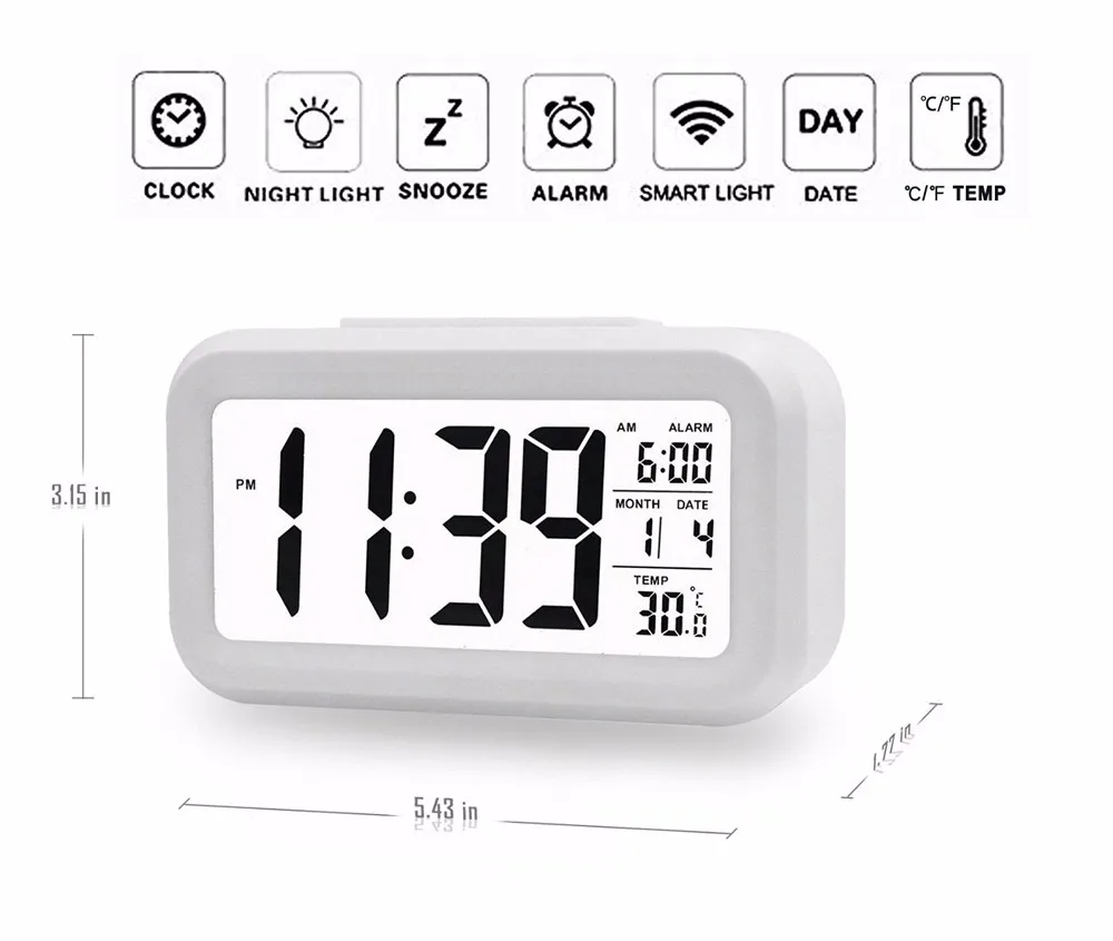 Classic LCD digital clock with calendar light sensor and alarm snooze