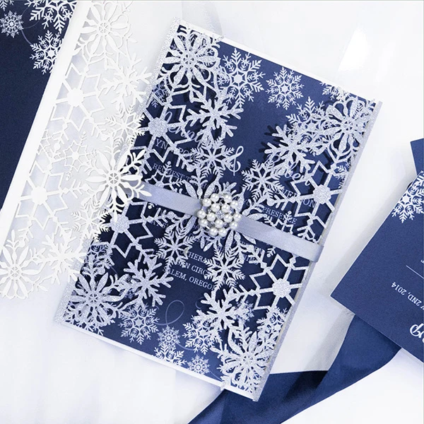 Elegant Personalised Modern Goblet Laser Cut Winter Snowflake Wedding invitation Cards and customize laser cut bChristmas cards