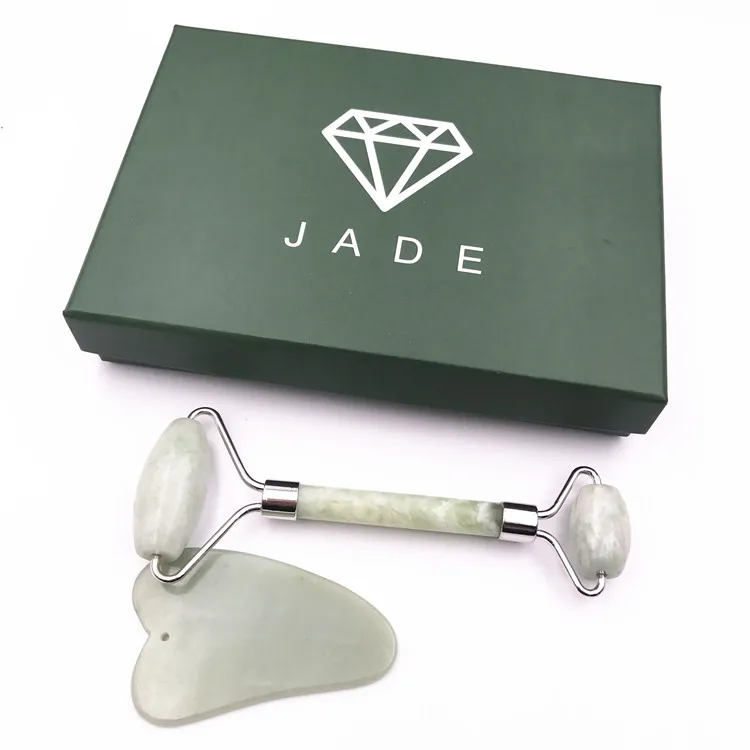 Jade Roller and Gua Sha Scraping Massage Tool Anti-aging 100% Natural Facial Jade Stone Set - Face Eye Neck Beauty Roller