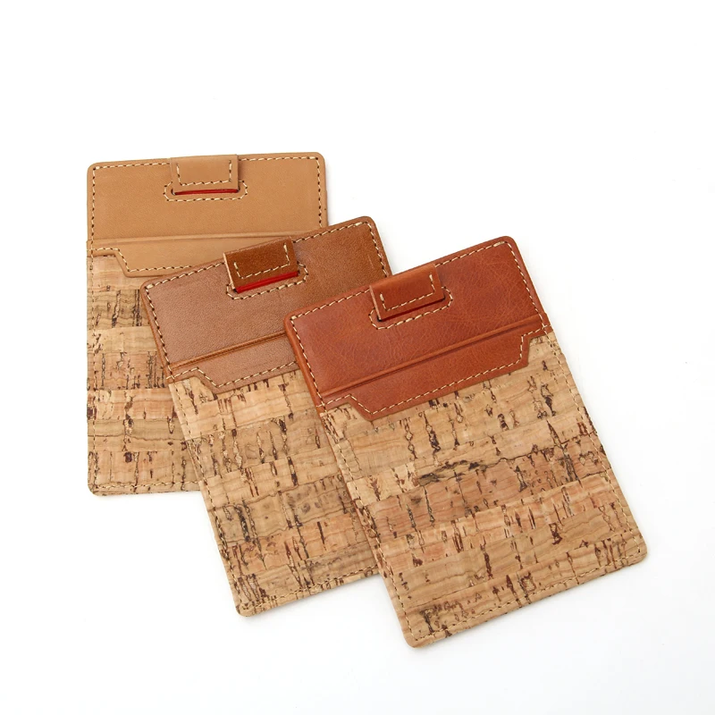 OEM Slim Minimalist Wallet RFID Blocking Leather Cork Credit Card Holder with Pull Tab