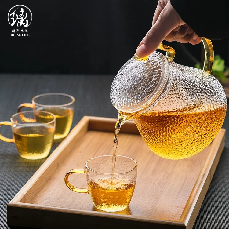 High borosilicate glass tea pot with glass tea strainer and yellow handle arab glass tea pot