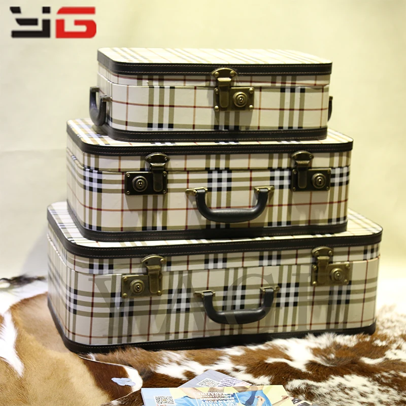 China Manufacture Set of 3 Decorative Retro Carreau Suitcases Storage Boxes