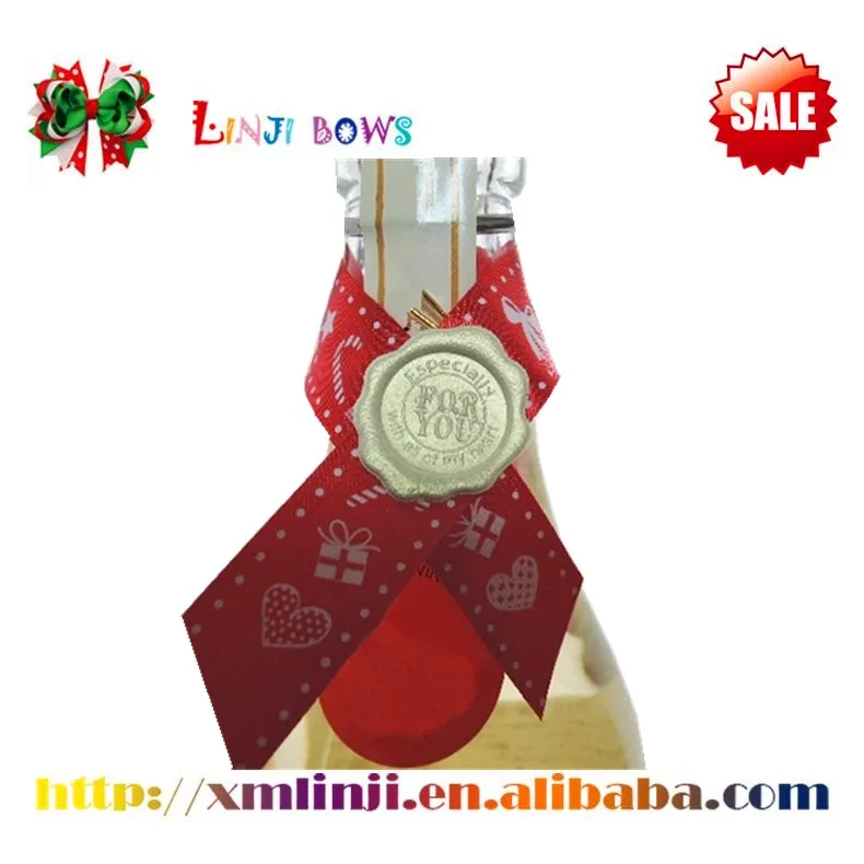 wine bottle neck decorative satin ribbon bow with wax seal hang tag label