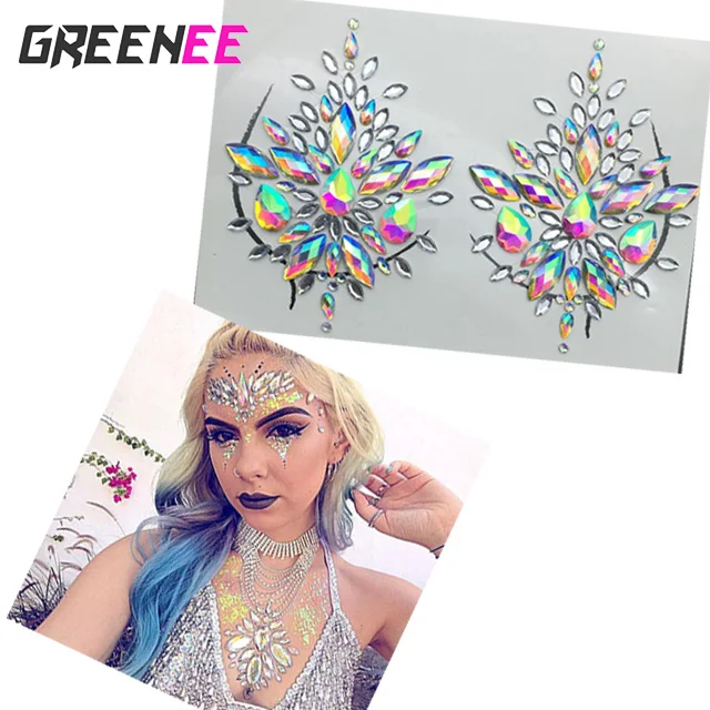 Rhinestone Face Body Jewelry Stick On Crystal Tattoo Nipple Chest Crystal Body Gem Stones Bindi Stickers For Rave Festival