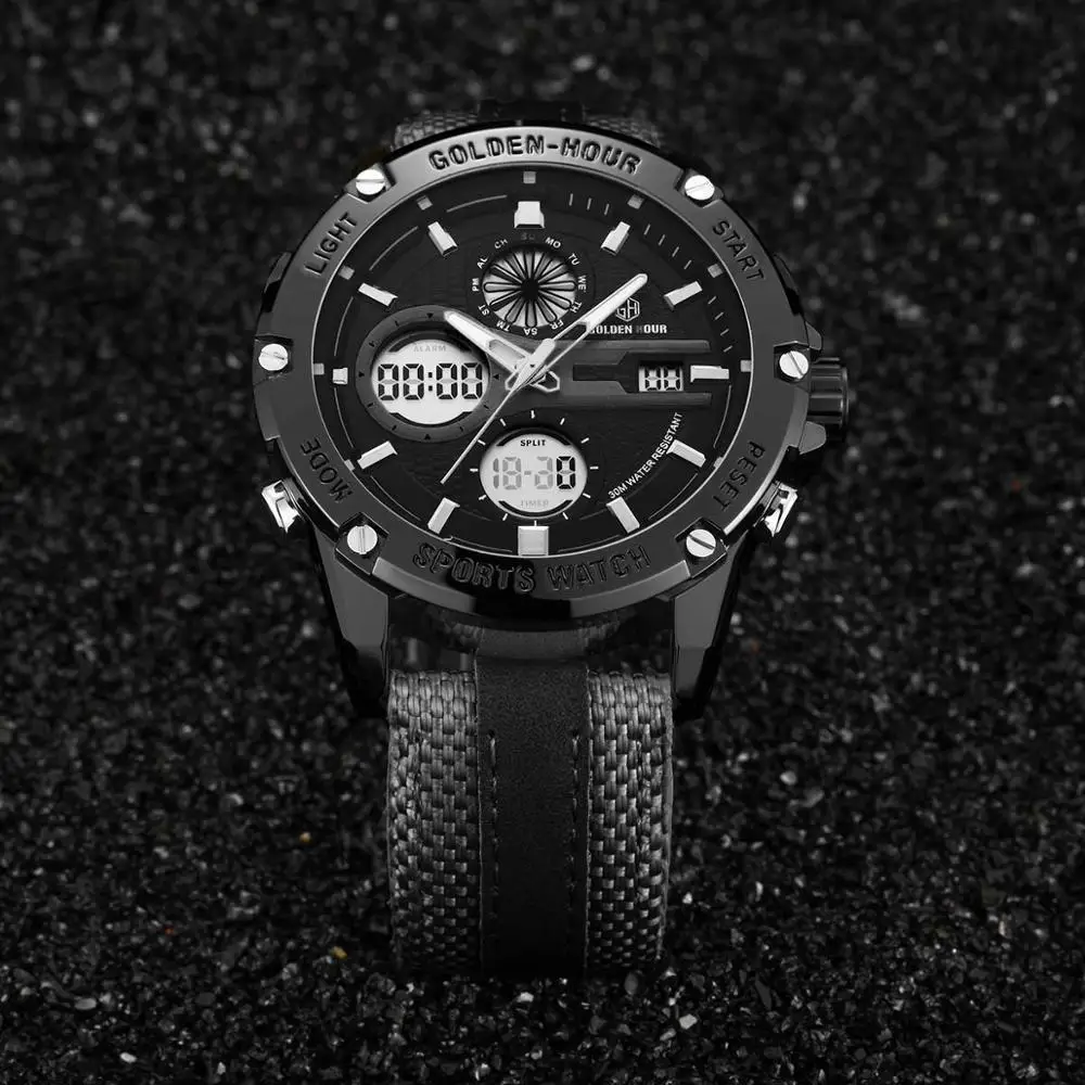 
GOLDEN HOUR Waterproof Big Dial Watch For Men Luxury Brand LED Military Fashion Best Digital Waterproof Sport Watch for man 