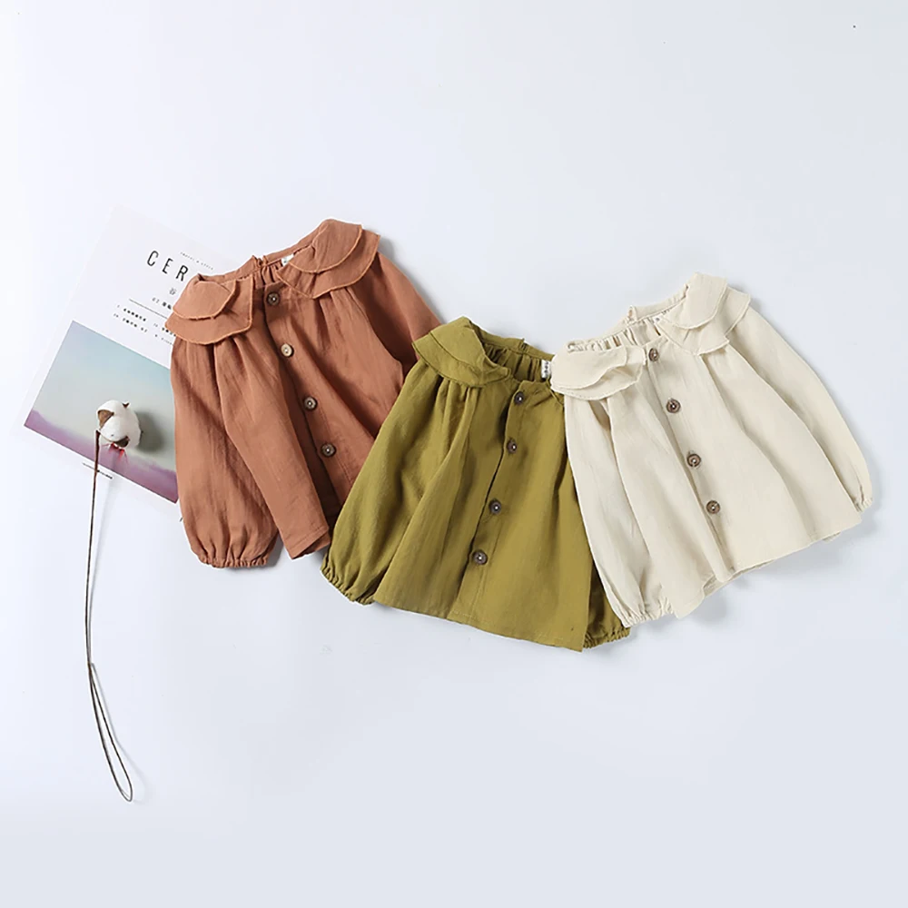 
Wholesale New Fashion Linen Cotton Girls Tops Full Sleeve Solid Color Korean Style Baby Blouses For Spring 