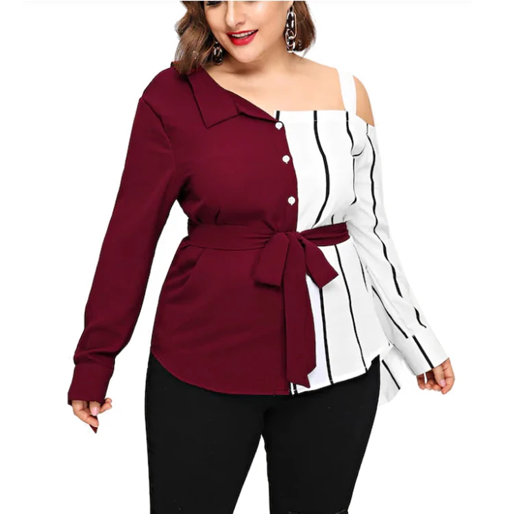 Wholesale Plus size Women Blouse  Fashion Casual Long Sleeve Lapel Vertical striped  Blouse