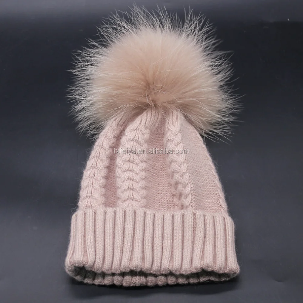 Classic style wholesale unisex wool knit beanie hat with raccoon fur pom poms