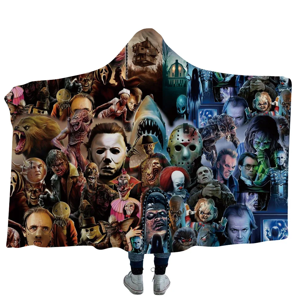 factory hot winter print adult kids print hooded blanket thick warm horror characters custom sherpa blanket