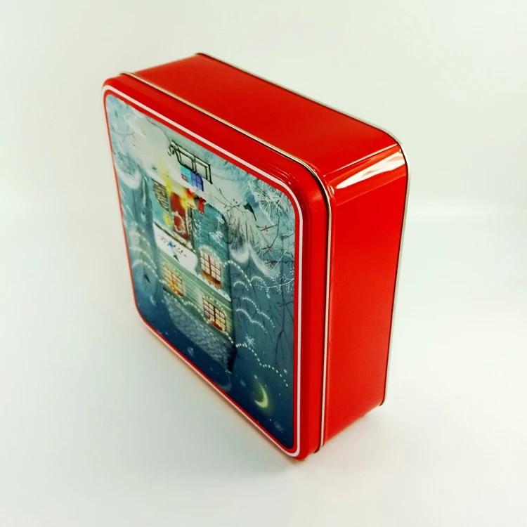 Square Christmas Gift Tin Cake Box Custom Embossed Tin Box OEM Custom Metal Biscuit Can Square Shape Big Metal Tin Container