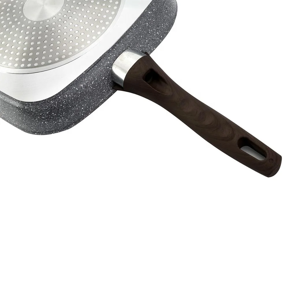 
Aluminum forged square grill pan with light grey non stick marble stone coating and wooden coating handle 