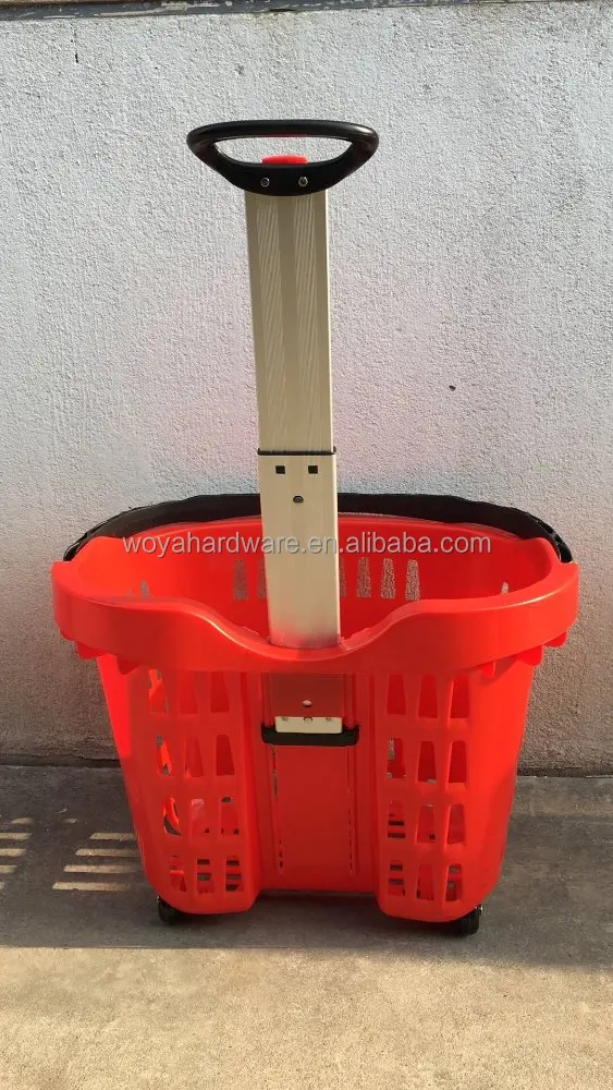 50L aluminum handle plastic shopping basket with 2 wheels