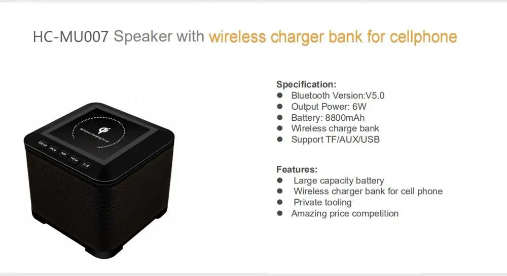 Black Wireless Bluetooth Power bank of 8800mAh Speaker With Wireless Charging Function