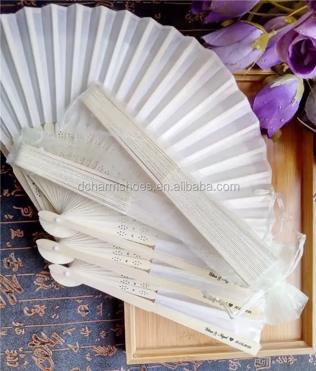 Cheap Ready to ship OEM custom logo printed wedding white silk bamboo hand fan